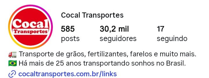 Crescimento do perfil da Cocal Transportes de 12 mil para 30 mil seguidores